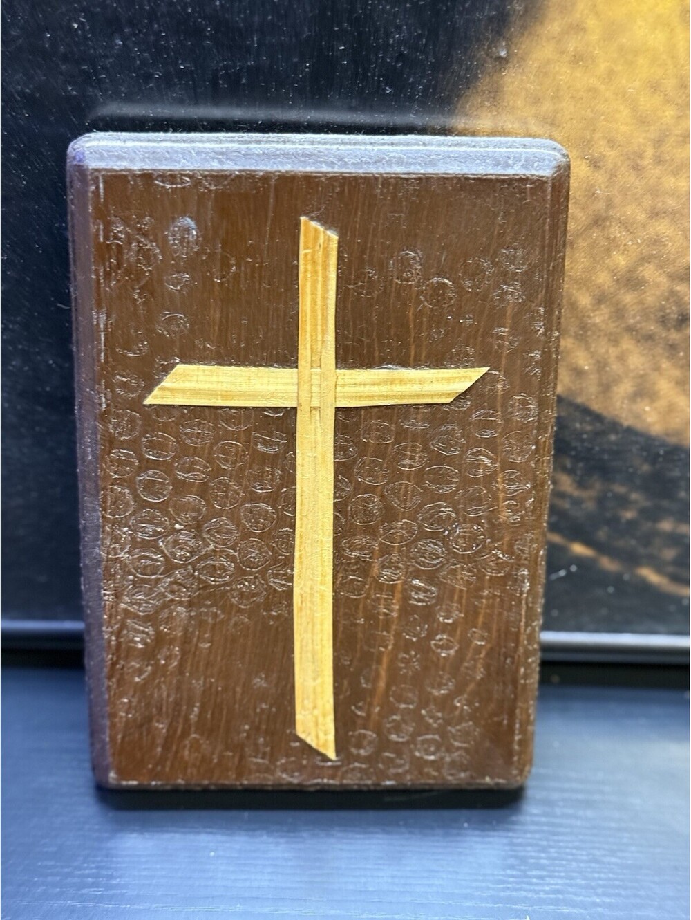 Vintage Handcrafted Wooden Cross Wall Plaque Straw Marquetry Inlay Folk Art 7x5